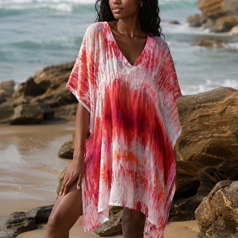 Alexis Red Pink Ikat Print Cover Up Dress Kaftan Size S